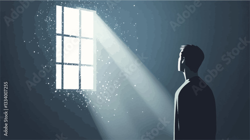 Digital illustration depicting a male silhouette standing in a dimly lit room.  A bright light streams from a window behind him, creating strong contrast and highlighting dust motes in the air. The