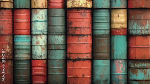 The image shows a close-up view of numerous rusty metal barrels stacked tightly together, creating a repeating pattern.  The barrels are various shades of red, teal, orange, and brown, exhibiting