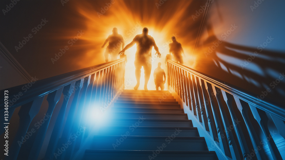 Obraz premium Eerie figures emerge from glowing portal at top of staircase, creating haunting atmosphere. scene evokes sense of mystery and suspense, perfect for horror theme