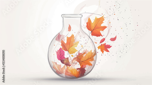 A digital illustration depicting a round glass flask or beaker containing several stylized autumn leaves in shades of orange, red, pink, and yellow.  The leaves appear to be painted in a watercolor