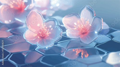 Close-up view of three stylized, translucent flowers with pink and white petals. The flowers appear to rest on a surface composed of a repeating hexagonal geometric pattern, rendered in shades of