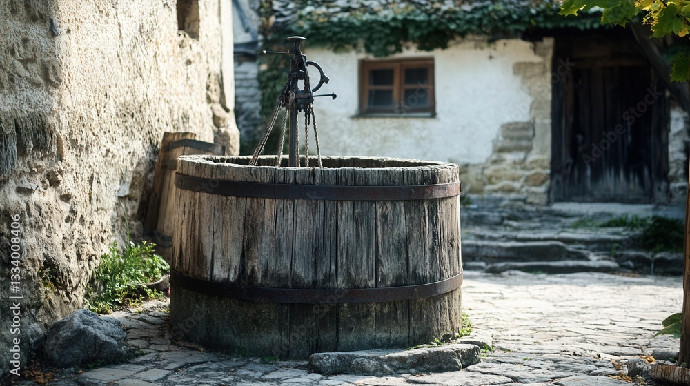 a medieval wooden well with a hand-crank and rope bucket system, standing in the middle of a rustic village square, showing signs of age and history. a medieval wooden well with a hand-crank and rope bucket system, standing in the middle of a rustic village square, showing signs of age and history.