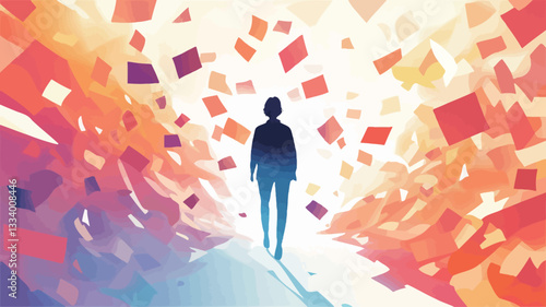 The image is a digital illustration featuring a dark silhouette of a person walking forward along a path. The person is centrally positioned and relatively small compared to the surrounding