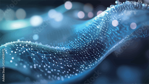 The image depicts an abstract representation of a wave-like form composed of numerous small, luminous blue particles.  The particles appear to be interconnected, creating a sense of flow and