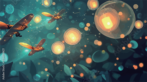 Digital illustration featuring multiple stylized fireflies with glowing abdomens, resembling small aircraft, flying amidst a dark teal and green background.  The background is filled with various