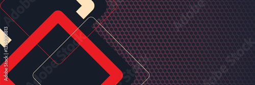 Red and black shapes, stripes and lines on a dark carbon fiber hexagonal background. Geometric shapes on a hexagonal red grid.