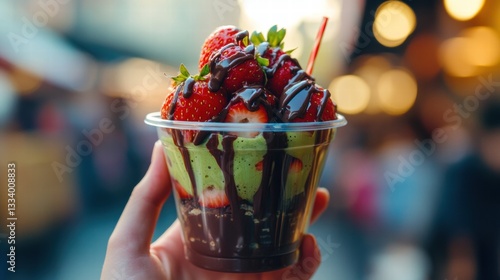 Hand holding of Glass with strawberry dipped in chocolate and pistachio,empty sunday market background,Kunafa Pistachio,dubai chocolate,copy space.