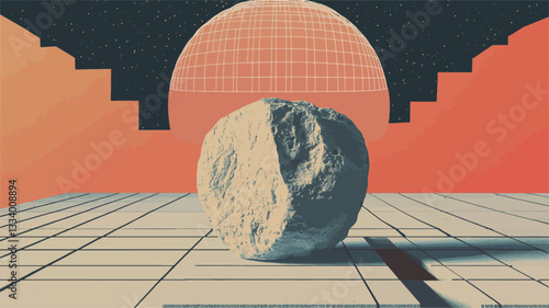 The image presents a digital illustration featuring a large, grey, textured sphere, resembling a rock or celestial body, positioned centrally on a gridded plane. The plane is rendered in light