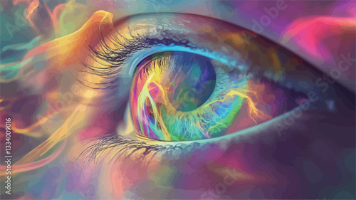 Close-up view of a stylized eye. The iris and pupil are rendered with swirling, vibrant colors creating a kaleidoscopic effect.  The surrounding area features abstract, painted-like textures in a