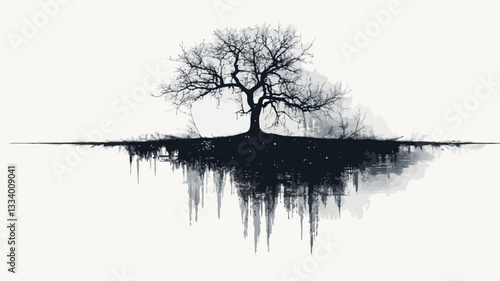 The image is a minimalist, black and white illustration of a tree with visible roots.  The tree is depicted in a stark, simple style, with no leaves. The roots extend below a clearly defined ground