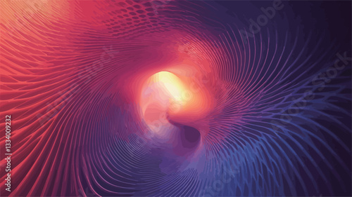 The image depicts an abstract swirling vortex of vibrant red, blue, and purple hues.  The central area glows with a bright, almost incandescent light.  The swirling pattern consists of numerous