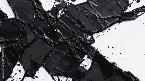 Close-up view of an abstract composition featuring thick, textured strokes of black paint on a white background. The paint is applied in a dynamic, expressive manner, with visible brushstrokes and