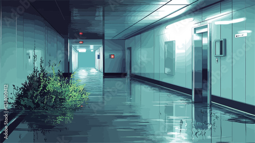 The image depicts a long, sterile hallway with reflective flooring.  The walls appear to be made of steel or a similar metallic material.  A large clump of overgrown greenery is situated on the