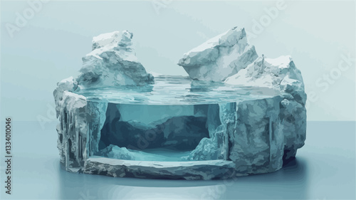 A high-angle, close-up shot of a miniature diorama depicting an arctic landscape. The diorama is circular and features a central pool of blue water surrounded by sculpted icebergs and glaciers. The