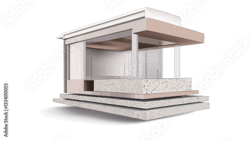 A 3D rendering of a cutaway architectural model. The image displays a cross-section of a contemporary building, revealing its internal structure and various materials used in its construction.  The
