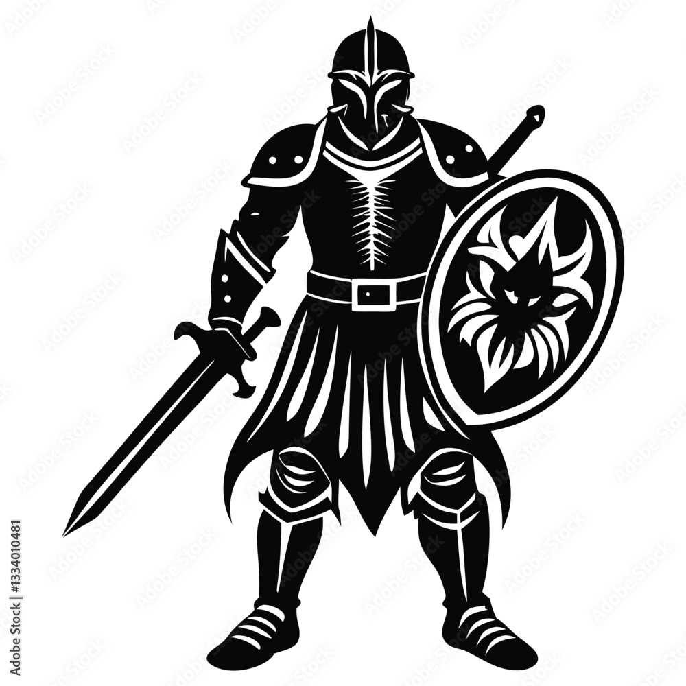 Medieval Knight Silhouette Vector with Sword and Shield, Knight in armor holding a sword and shield Medieval Knight Silhouette Vector with Sword and Shield, Knight in armor holding a sword and shield