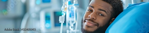 Smiling patient receiving dialysis treatment with the dialysis machine in the background. Generative AI