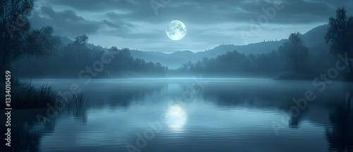 Serene moonlit lake with flawless reflection
