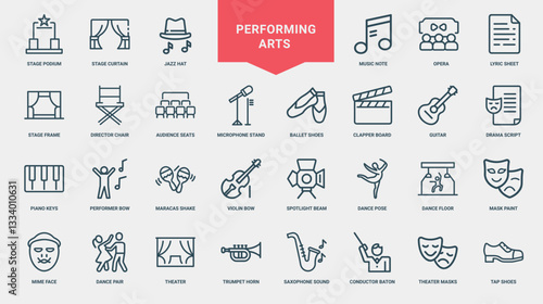 performing arts icon set stage elements musical instruments theatrical symbols, ballet clapper stand board shoes