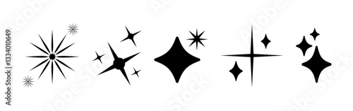 Set of shine, sparkle stars on white background. Sparkle star minimalist symbols. Shine retro icon. Flat blink twinkle, sunburst star trendy shapes. Magic light flare, bright flash star. Shining glow.