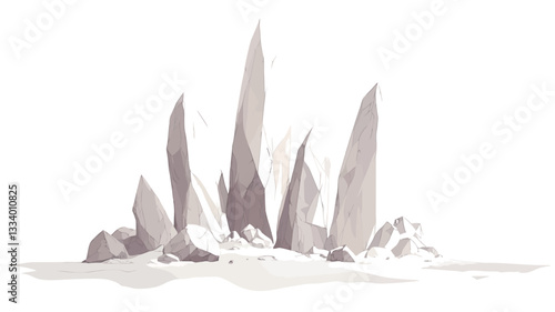 The image depicts a cluster of stylized crystal formations rendered in shades of white and grey. The crystals are sharply pointed and angular, with varying heights and thicknesses.  The style is