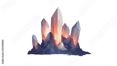 Digital illustration depicting a cluster of stylized crystals.  The crystals are primarily light grey and white, with inner glows of orange and red, suggesting an internal light source. They are