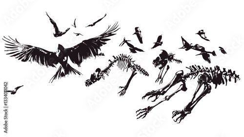 A monochrome illustration depicting a fragmented animal form, possibly a canine or wolf, disintegrating into a scattered collection of bones.  Numerous birds, rendered as silhouettes, are depicted