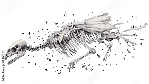 A detailed grayscale pencil sketch depicting the skeleton of a bird in mid-motion, seemingly disintegrating into small, scattered particles. The skeleton is rendered with high detail, showcasing
