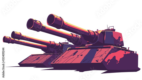 Digital illustration depicting three stylized, triple-barreled artillery tanks. The tanks are rendered in a low-poly style with a predominantly red and purple color scheme.  The illustration