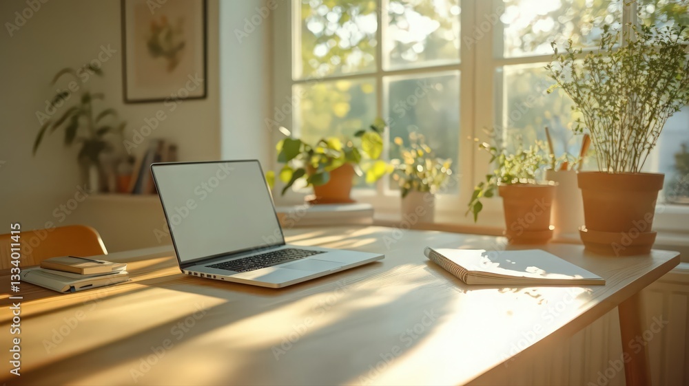 Bright Sunlight Illuminates a Home Workspace with Laptop and Houseplants Bright Sunlight Illuminates a Home Workspace with Laptop and Houseplants
