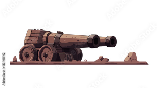 Digital illustration of a double-barreled cannon rendered in a low-poly style. The cannon is brown and appears rusty, suggesting age and wear. It is mounted on a wheeled platform and situated on a