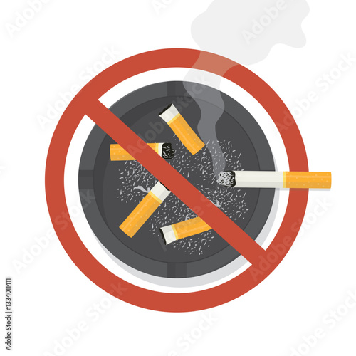 Ashtray with cigarettes and butts in red prohibition circle. Quit smoking. Healthcare, healthy lifestyle. Stop smoking and bad habit concept. Social issues.