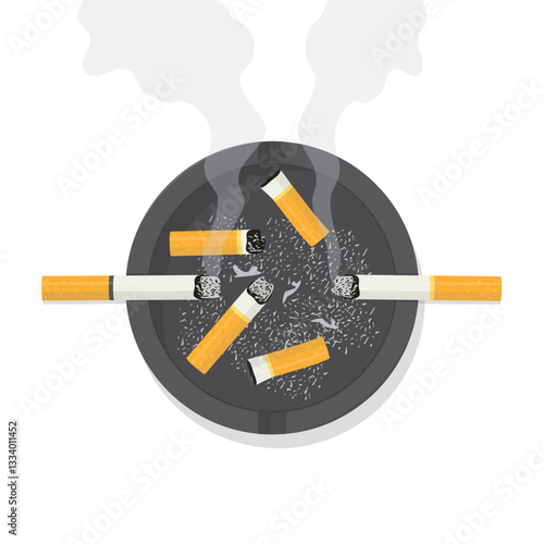 Ashtray with a smoldering cigarettes with smoke. ashtray ceramic full of cigarette butts. Tobacco smoking. Bad habits, unhealthy lifestyle. Design isolated on white background.