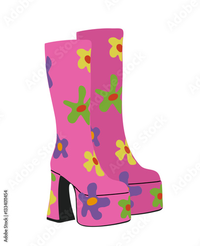 Retro 70s platform boots with bold pattern, floral groovy design. Colorful vintage footwear illustration perfect for fashion and nostalgia themes. Vector illustration isolated, transparent background