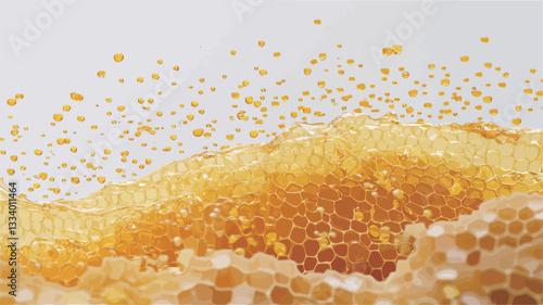 Close-up shot of a honeycomb filled with golden honey. The honey is thick and viscous, with some droplets appearing to be airborne, creating a dynamic visual effect. The image showcases the