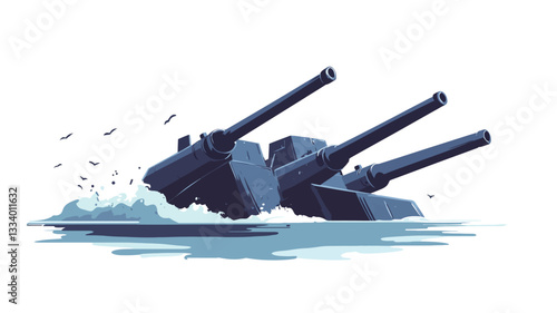 A stylized illustration depicting two naval gun turrets firing. The turrets are dark blue, rendered in a simplified, almost blocky style.  They are partially submerged in water, creating splashes