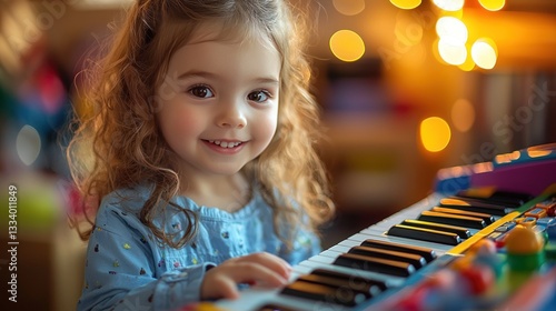 Toddler girl playing keyboard indoors, festive lights