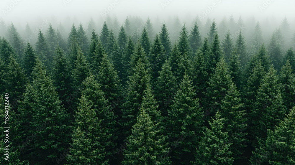 Dense evergreen forest shrouded in mist with layers of green trees creating a tranquil atmosphere during early morning hours Dense evergreen forest shrouded in mist with layers of green trees creating a tranquil atmosphere during early morning hours