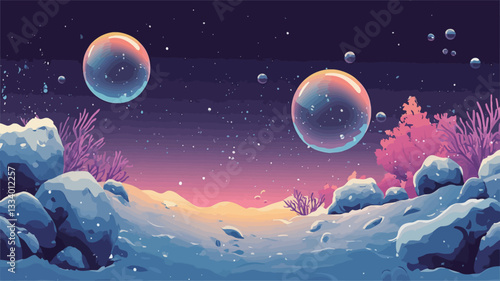 Digital illustration depicting a surreal underwater scene. The artwork features two large, translucent bubbles floating in a dark, starry sky.  The foreground shows a landscape of snow or ice