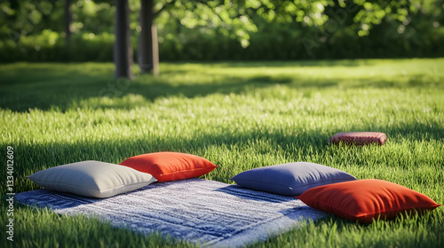 Cozy picnic scene with pillows on a blanket in a sunny green field, idyllic relaxation
