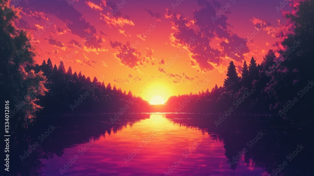Sunset Serenity: A Vibrant Lake and Forest at Dusk Sunset Serenity: A Vibrant Lake and Forest at Dusk