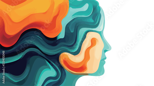 The image is an abstract illustration depicting a human profile in profile view. The face is partially overlaid with vibrant, flowing, fluid shapes in shades of teal, blue, green, and orange.  The