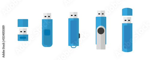 Set of Blue USB Flash Drive Vector Icons
