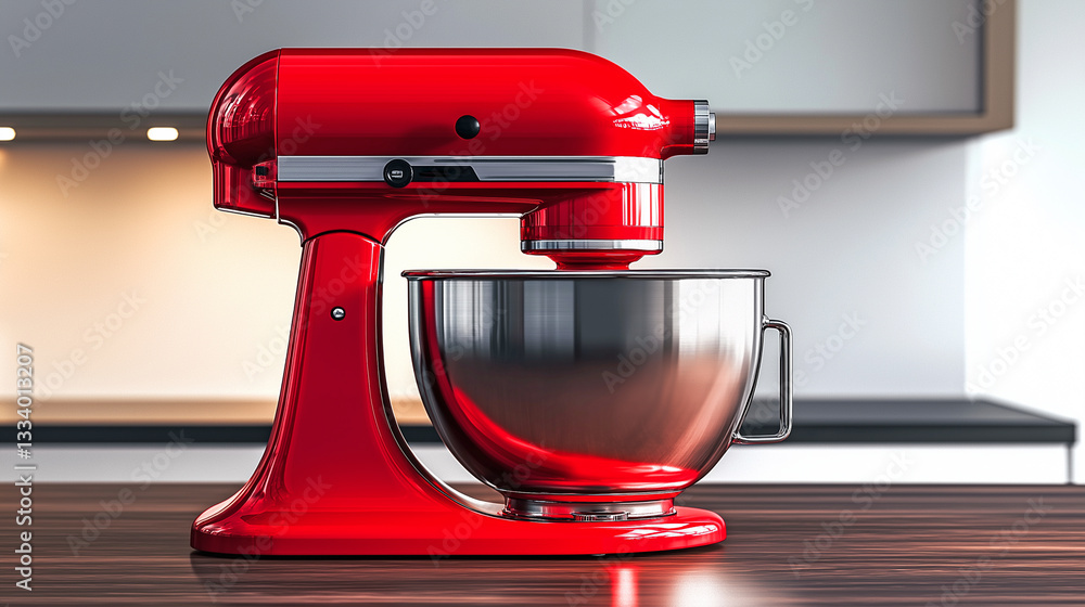 Fototapeta premium A modern, bright red planetary kitchen mixer with a stainless steel whisk attachment, with a durable metal base with a glossy finish