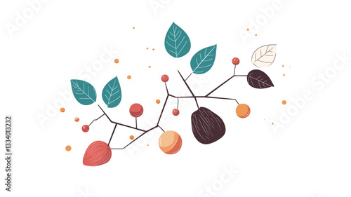 A digital illustration depicting a stylized branch with simplified leaves and berries. The color palette is muted with teal, orange, red, and brown tones.  The style is flat, with minimal shading