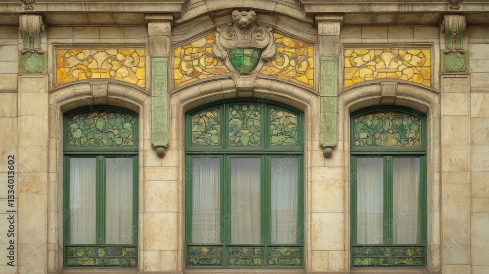 Obraz premium Ornate Stone Building Facade with Green and Yellow Tile Windows