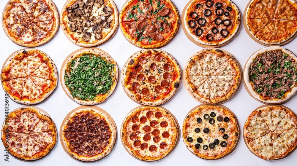 Overhead shot of a colorful pizza buffet displaying a variety of pizzas with different toppings on a white surface Overhead shot of a colorful pizza buffet displaying a variety of pizzas with different toppings on a white surface
