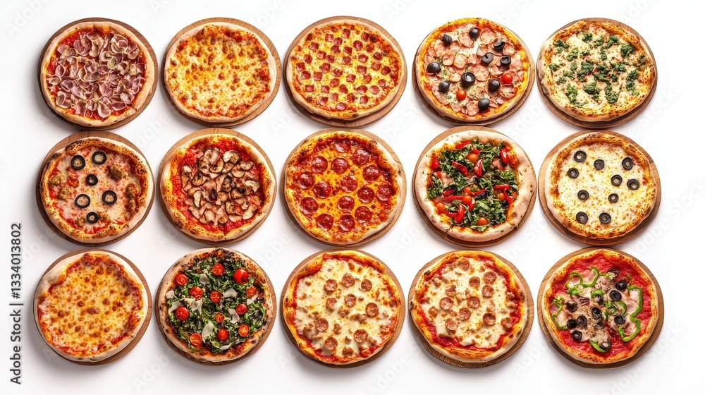 A colorful display of various pizzas arranged on a white background capturing the essence of a pizza buffet experience A colorful display of various pizzas arranged on a white background capturing the essence of a pizza buffet experience