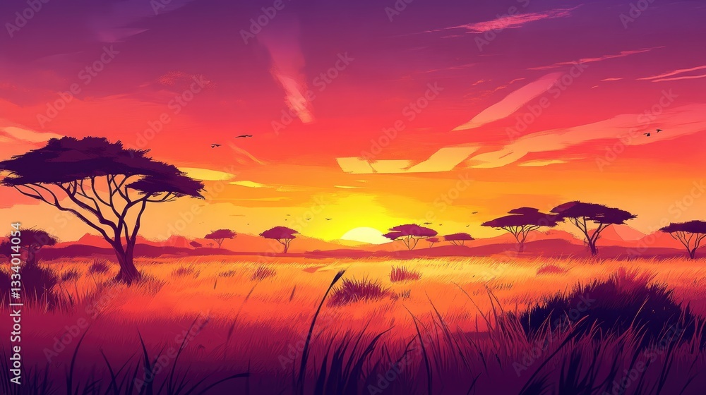 Obraz premium African Savanna Sunset: A Vibrant Digital Painting
