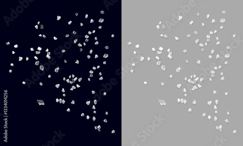 Scattered white salt crystals with shadow isolated on black and grey background. Top view. Realistic vector illustration.